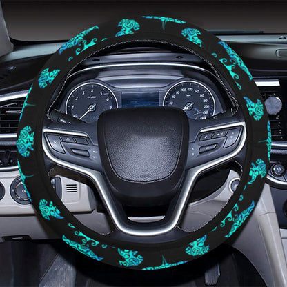 turquoise Tribal Sea Turtle Hawaiian Steering Wheel Cover with Elastic Edge
