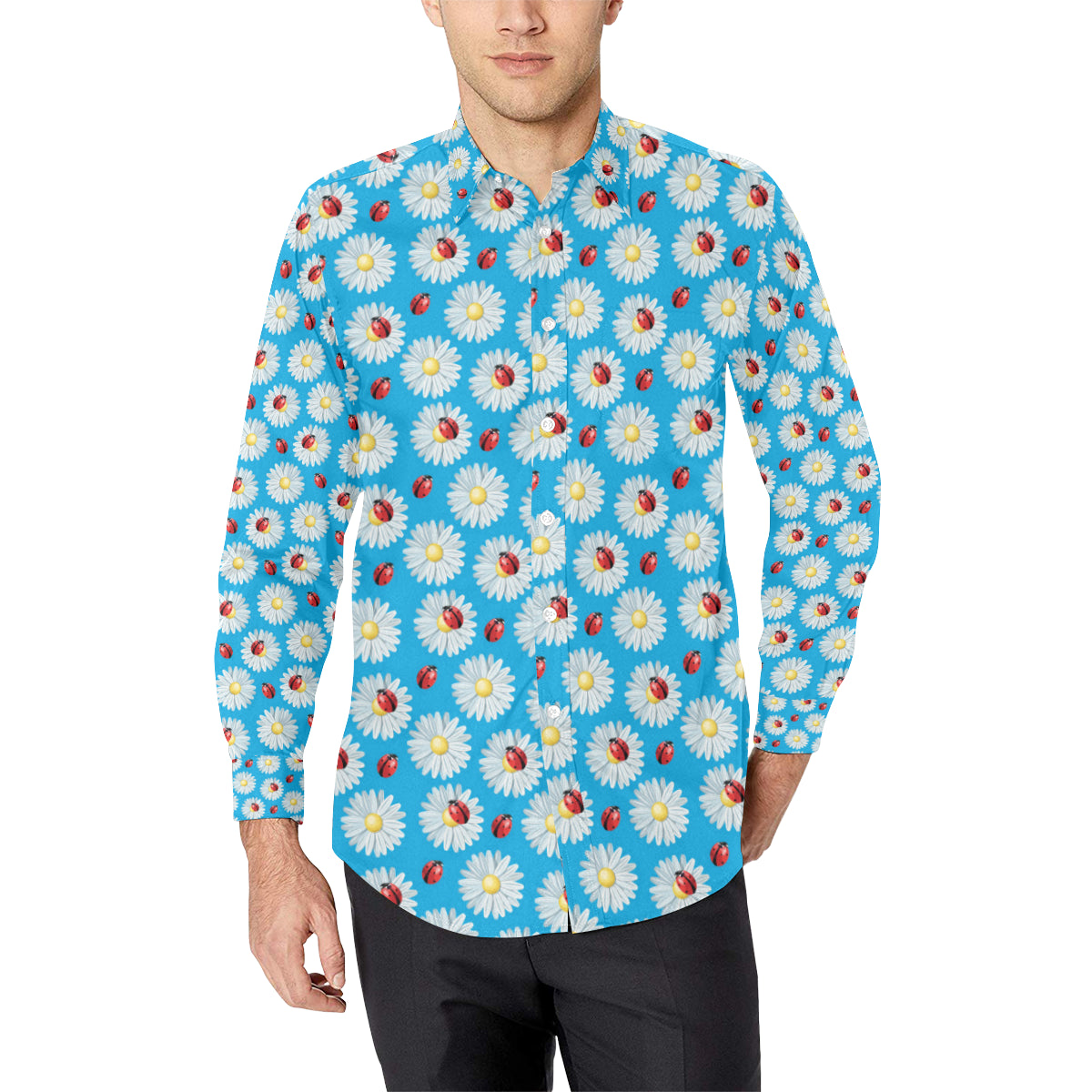 Ladybug with Daisy Themed Print Pattern Men's Long Sleeve Shirt