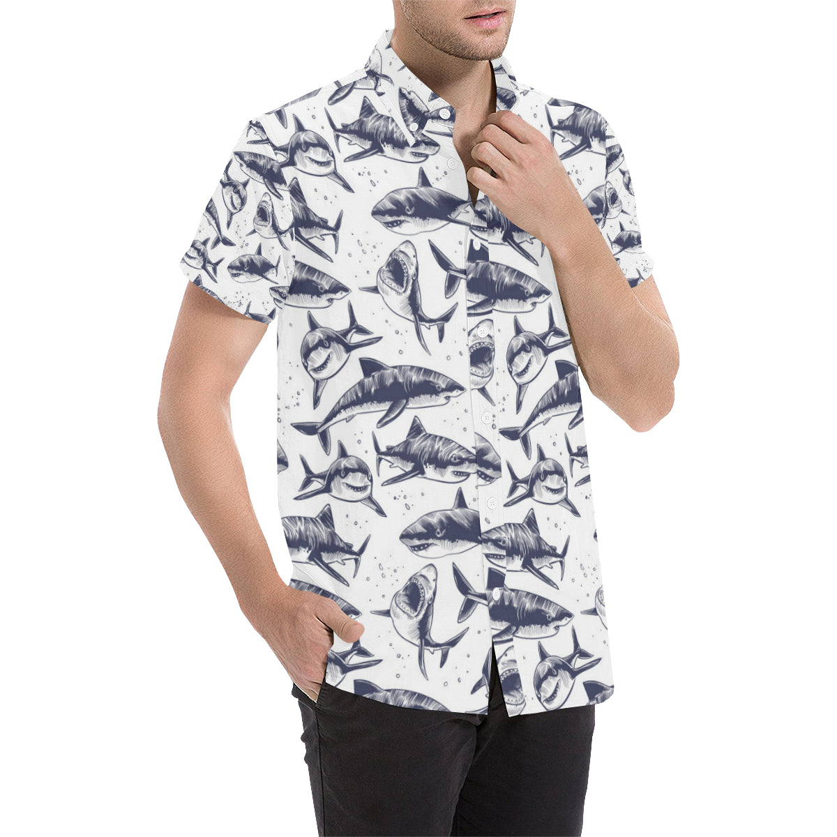 Great White Shark Pattern Print Design 02 Men's Short Sleeve Button Up Shirt