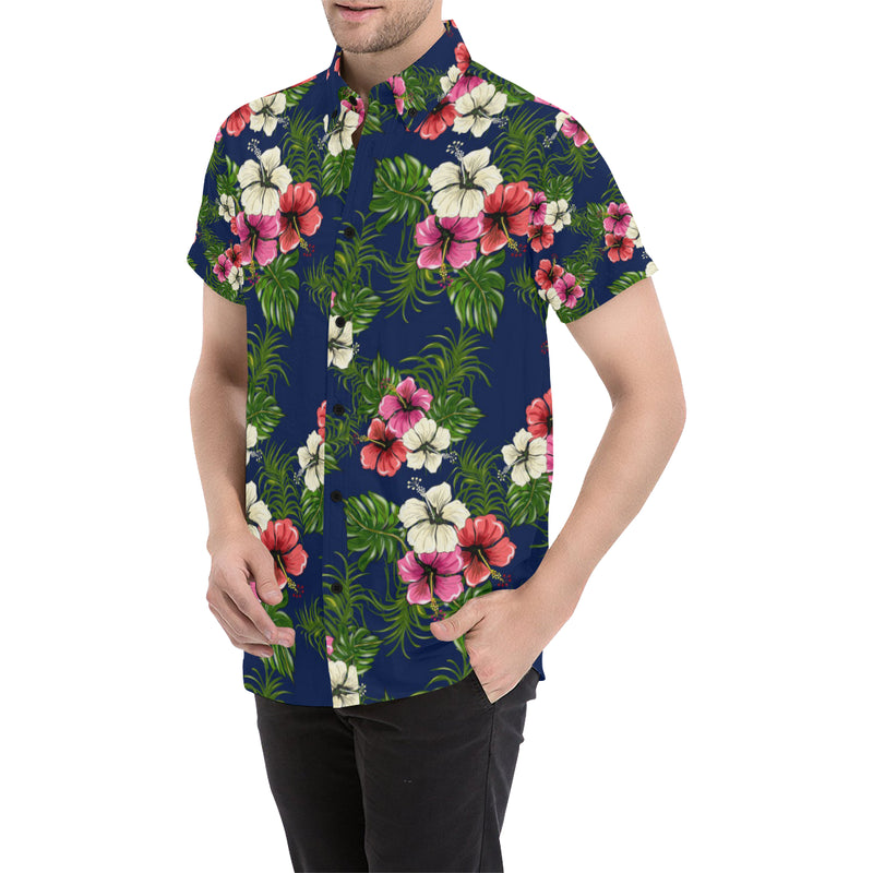 Hibiscus Pattern Print Design HB028 Men's Short Sleeve Button Up Shirt