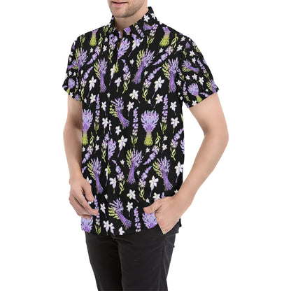 Lavender Pattern Print Design LV04 Men's Short Sleeve Button Up Shirt