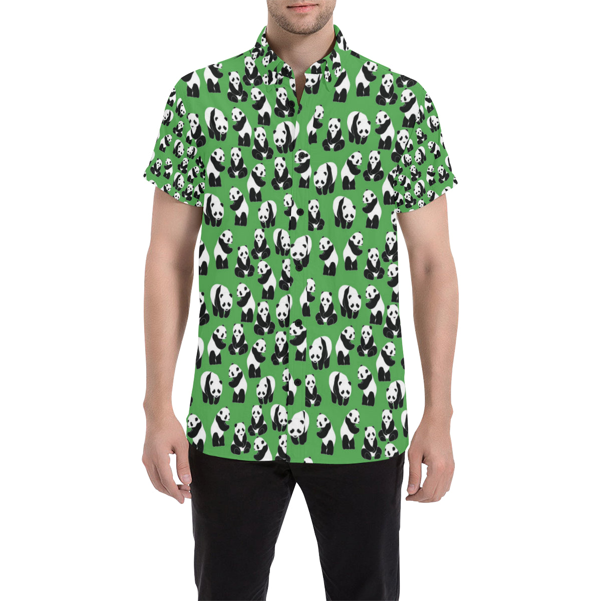 Panda Bear Pattern Themed Print Men's Short Sleeve Button Up Shirt
