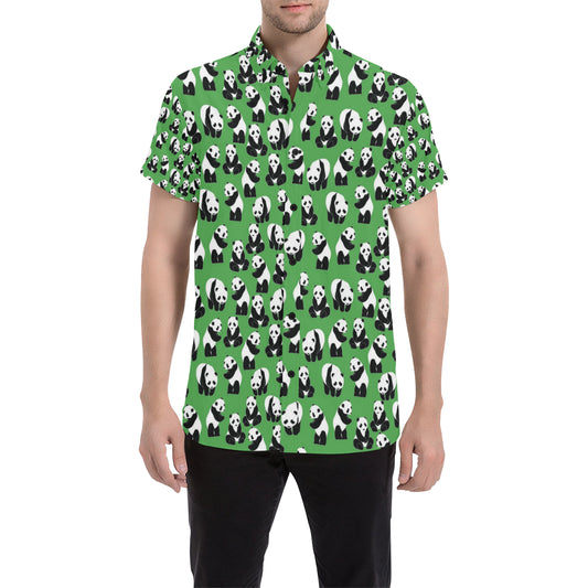 Panda Bear Pattern Themed Print Men's Short Sleeve Button Up Shirt