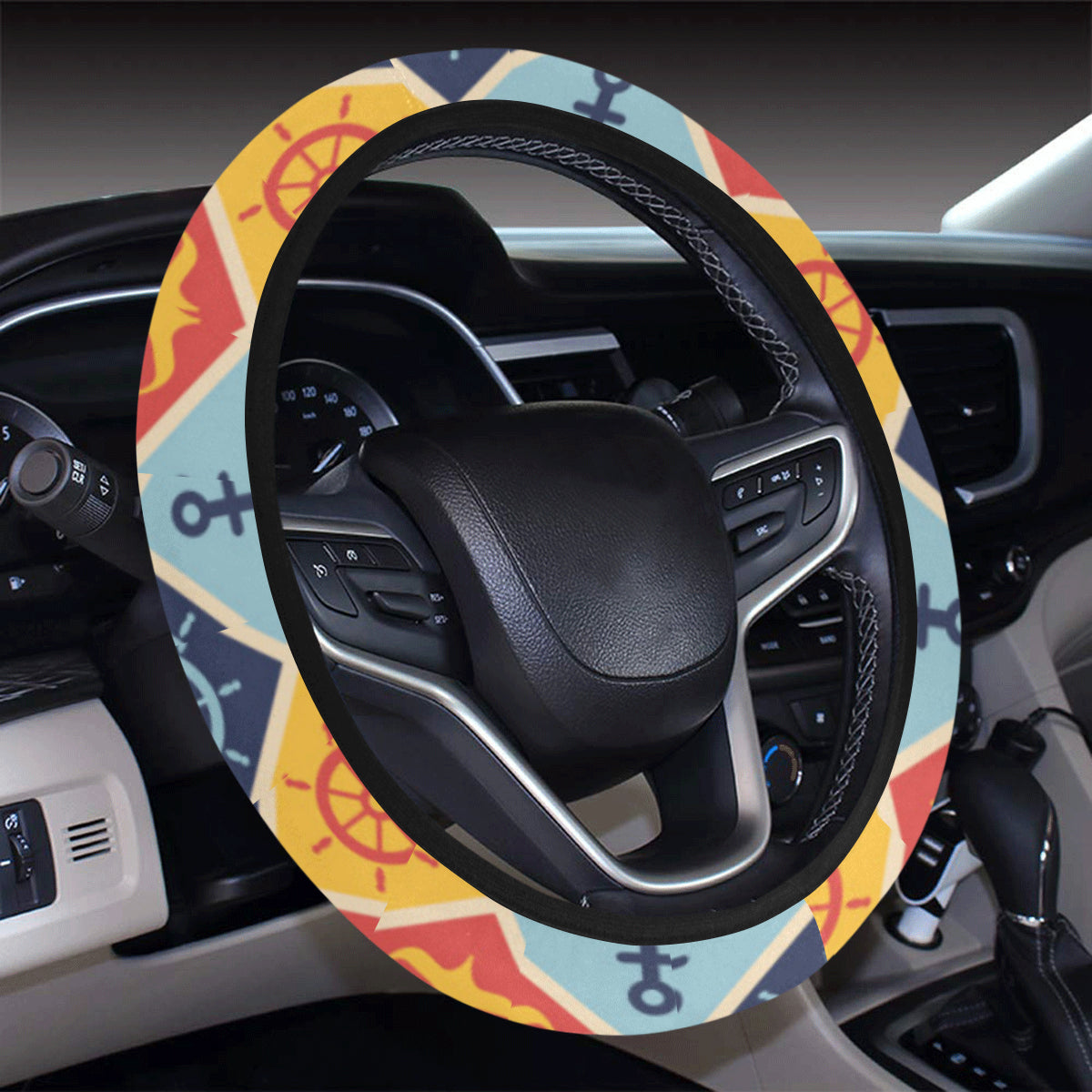 Nautical Pattern Design Themed Print Steering Wheel Cover with Elastic Edge