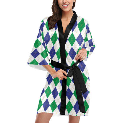 Argyle Green Blue Pattern Print Design 03 Women's Short Kimono
