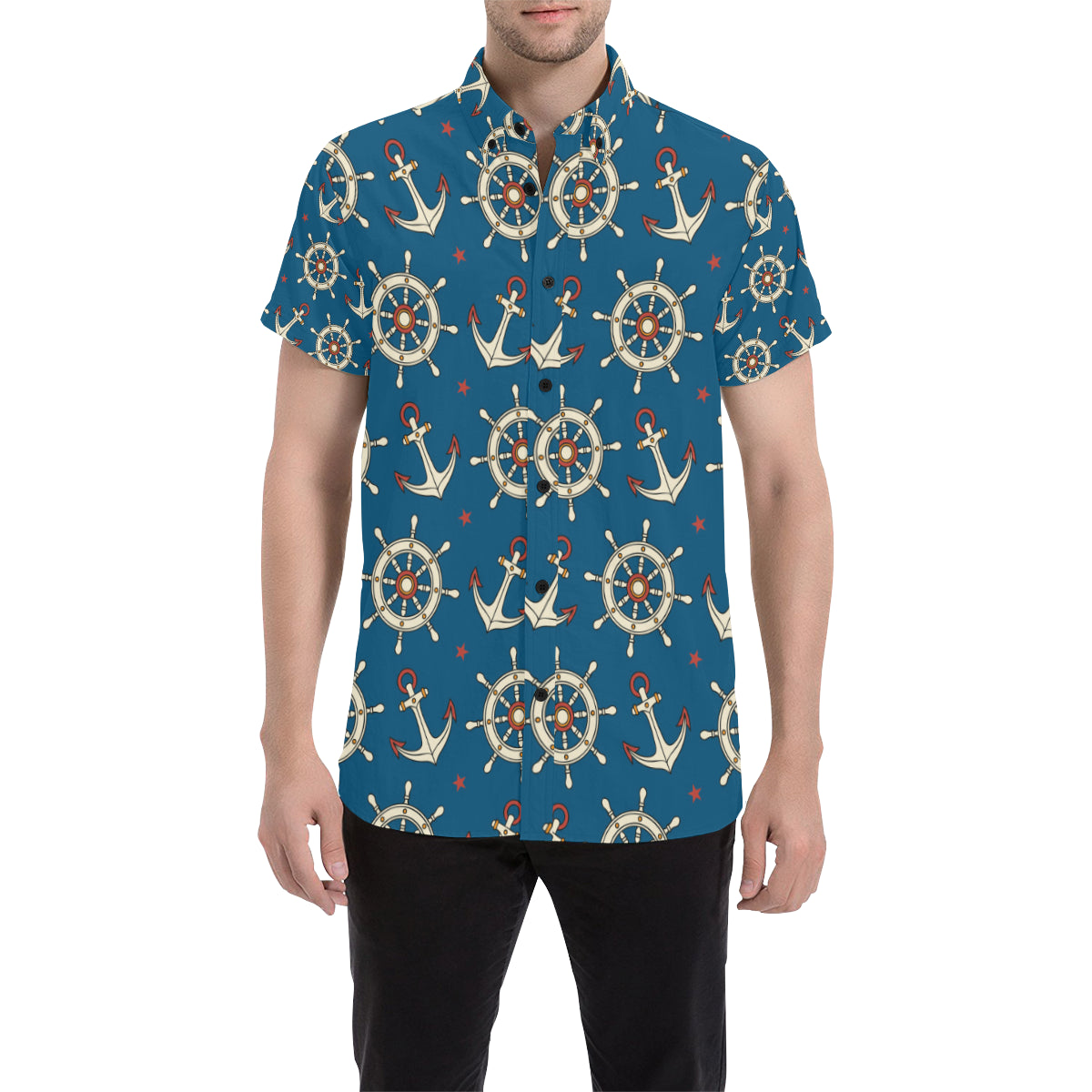 Anchor Pattern Print Design 02 Men's Short Sleeve Button Up Shirt