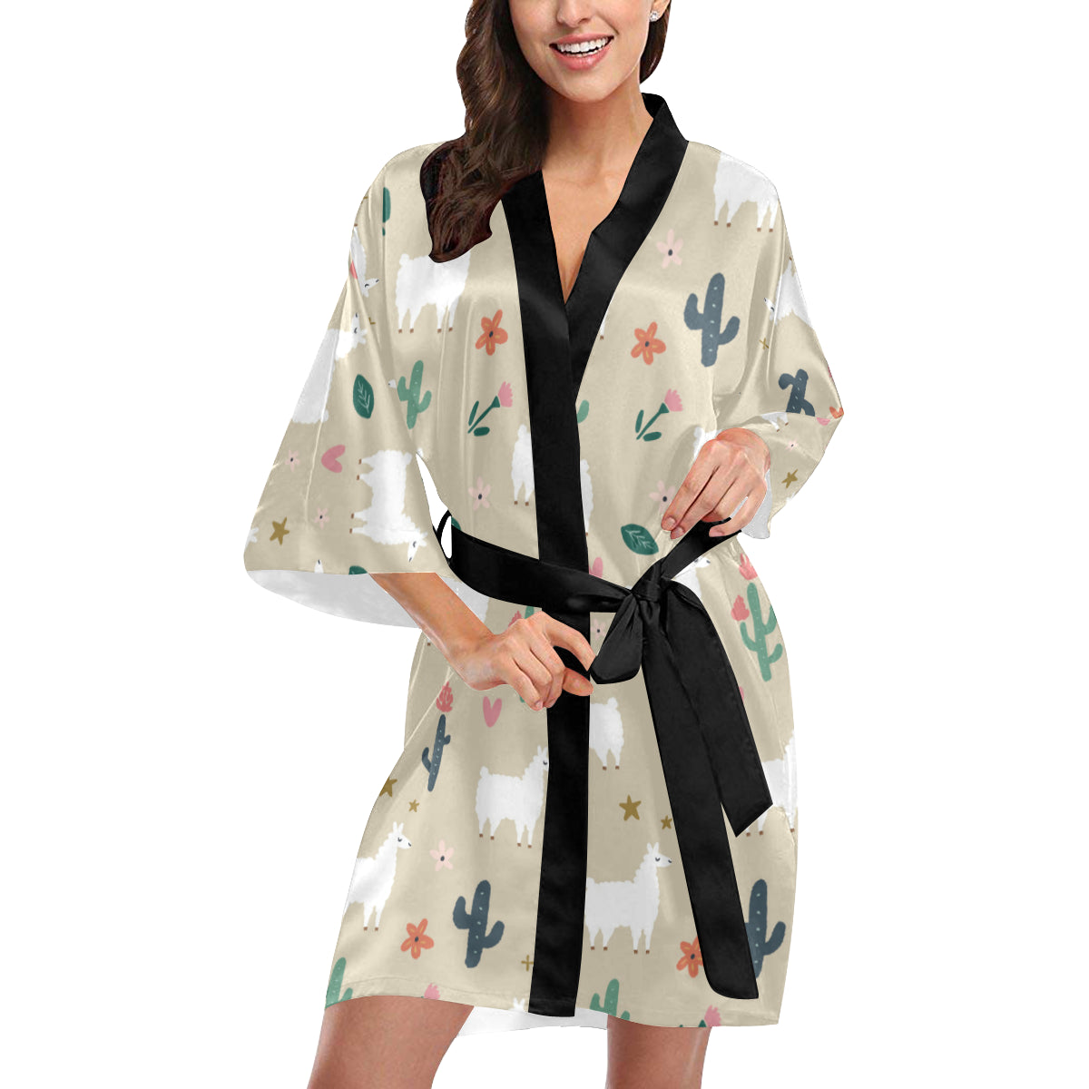 Llama Cactus Pattern Print Design 09 Women's Short Kimono