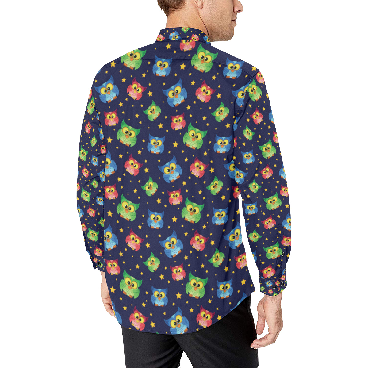 Owl with Star Themed Design Print Men's Long Sleeve Shirt