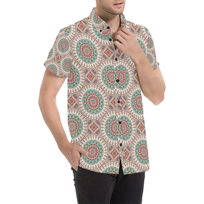 Bohemian Round Style Print Men's Short Sleeve Button Up Shirt