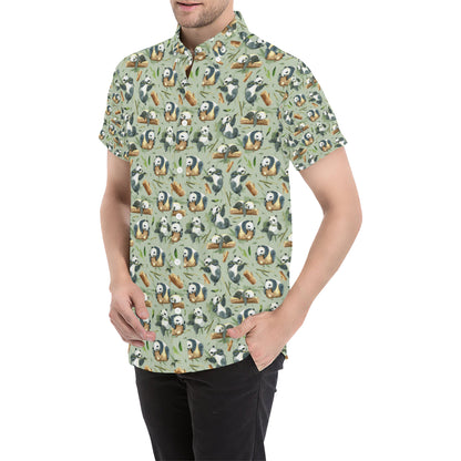 Panda Bear Design Bamboo Print Men's Short Sleeve Button Up Shirt