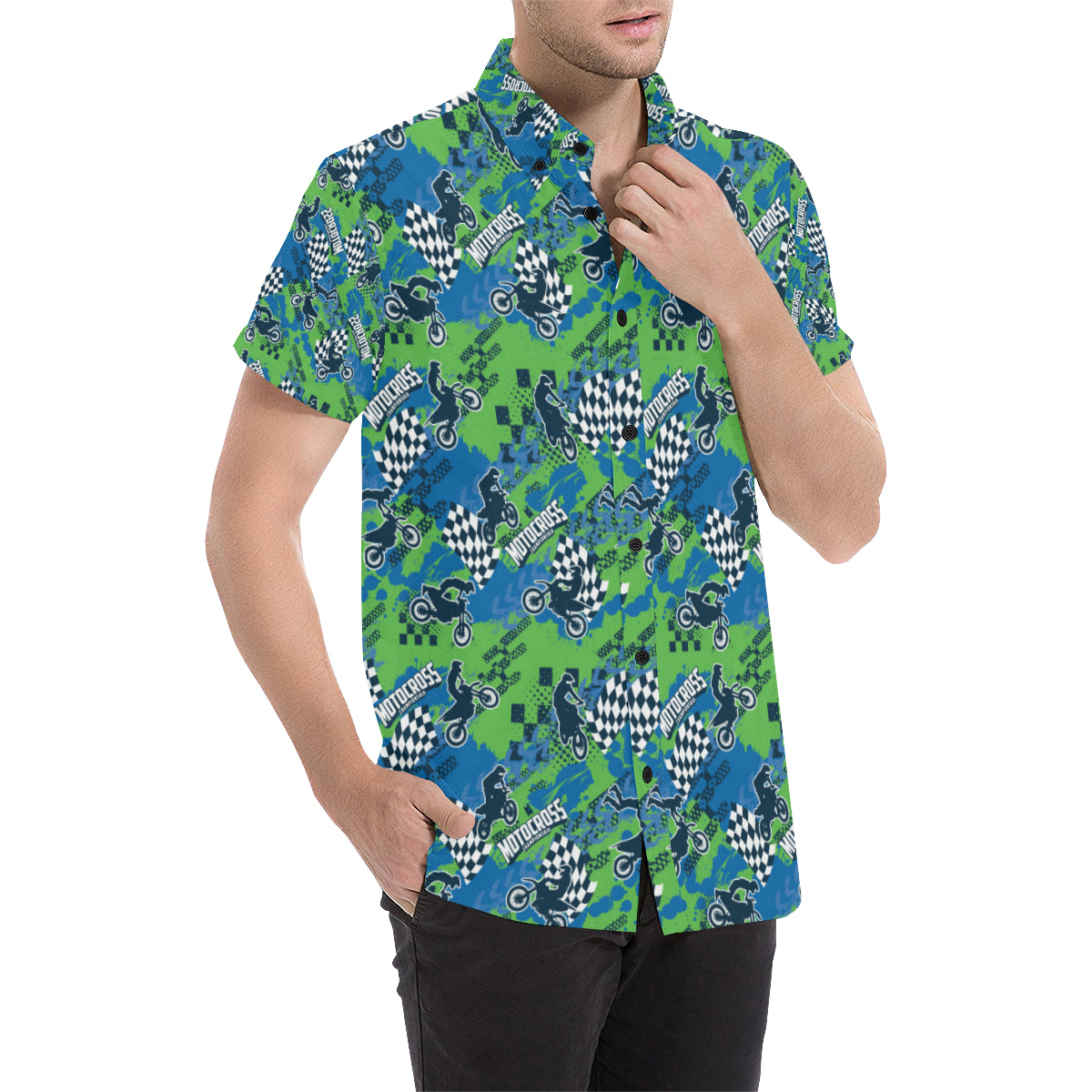 Motocross Pattern Print Design 04 Men's Short Sleeve Button Up Shirt