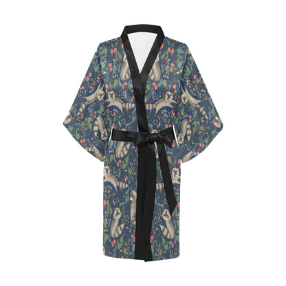 Raccoon Pattern Print Design A02 Women's Short Kimono