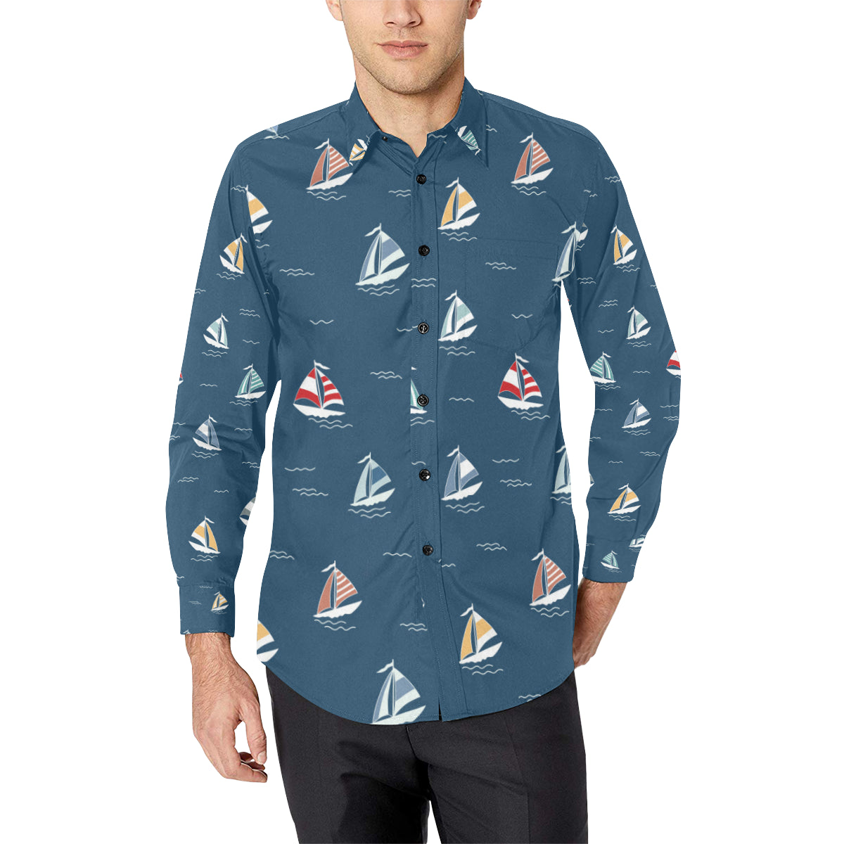 Sailing Ships Pattern Print Design A02 Men's Long Sleeve Shirt