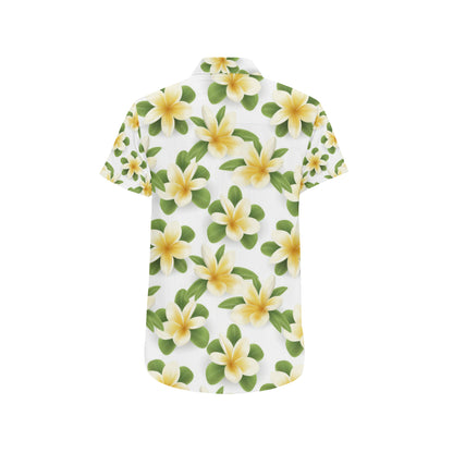 Yellow Plumeria Pattern Print Design PM012 Men's Short Sleeve Button Up Shirt