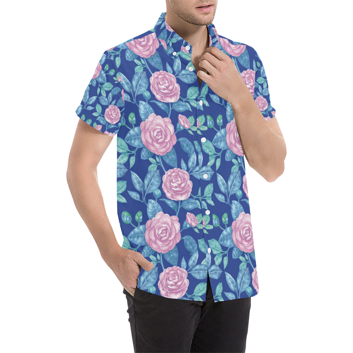 Camellia Pattern Print Design CM05 Men's Short Sleeve Button Up Shirt