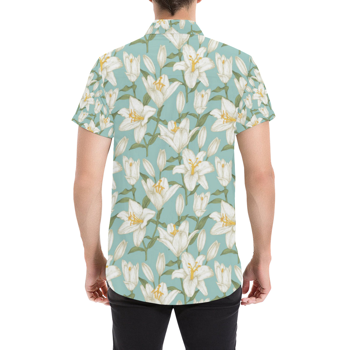 Lily Pattern Print Design LY09 Men's Short Sleeve Button Up Shirt