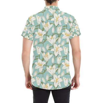Lily Pattern Print Design LY09 Men's Short Sleeve Button Up Shirt