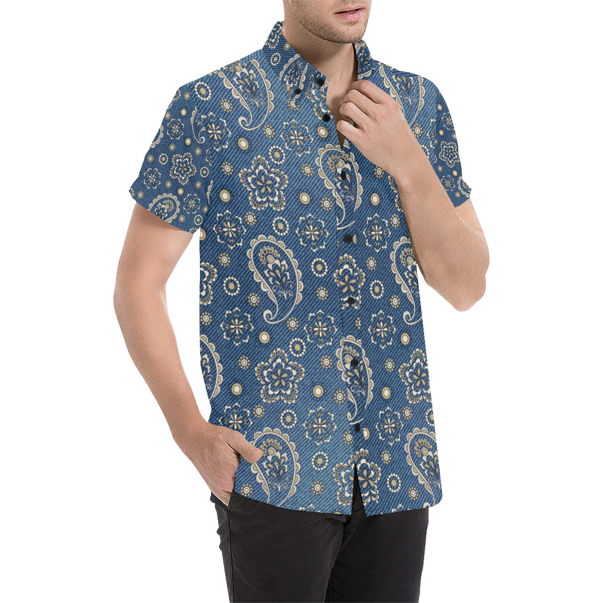 Jean Paisley Pattern Print Design 01 Men's Short Sleeve Button Up Shirt