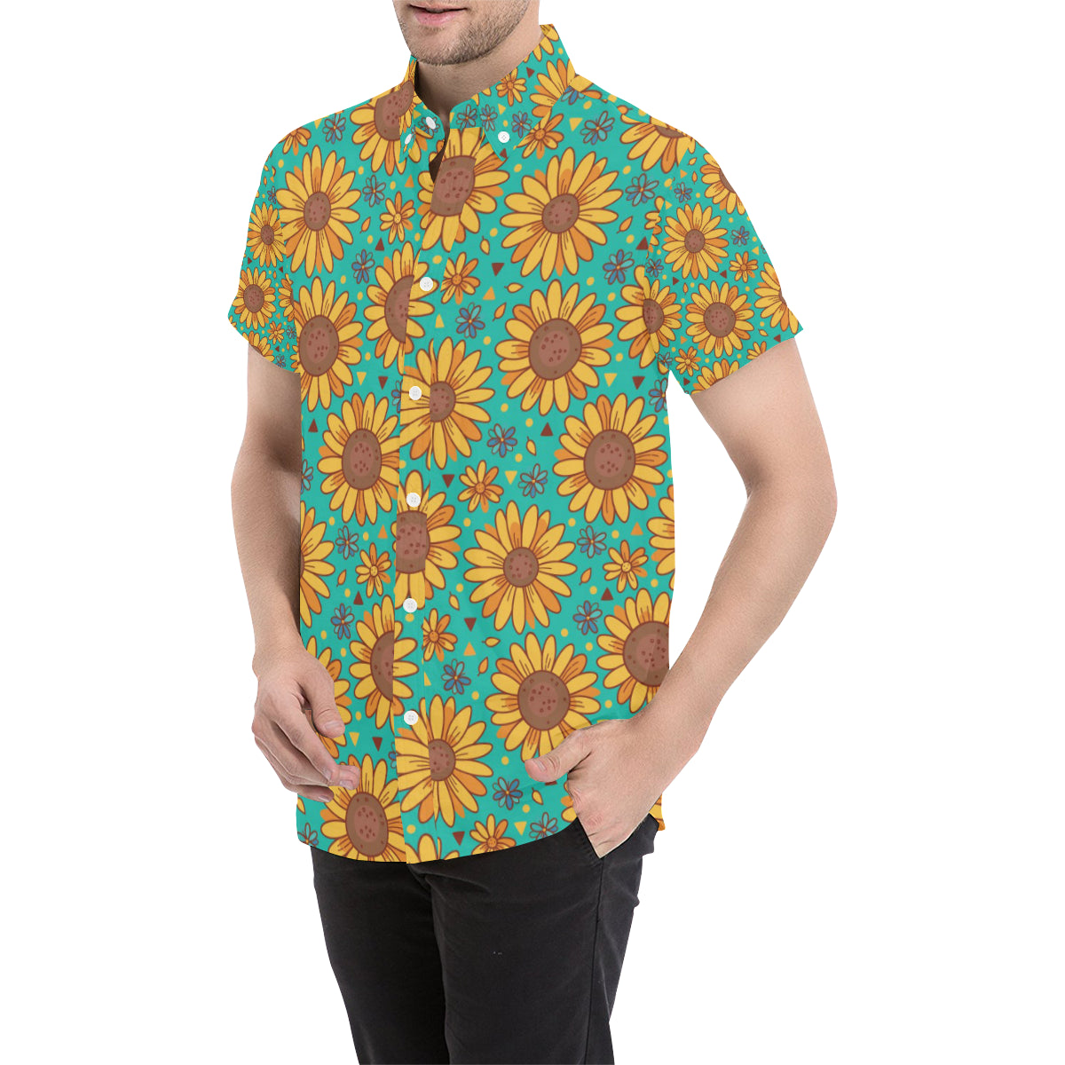 Sunflower Pattern Print Design SF013 Men's Short Sleeve Button Up Shirt