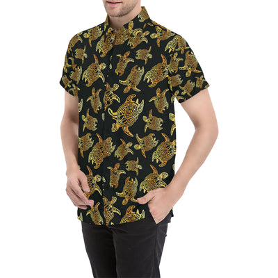 Gold Tribal Turtle Polynesian Themed Men's Short Sleeve Button Up Shirt