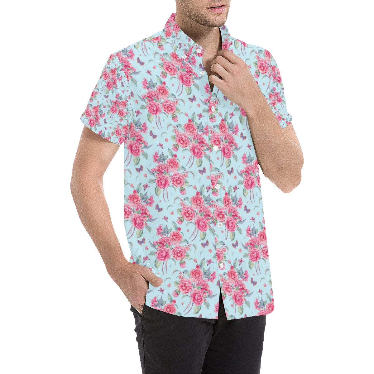 Camellia Pattern Print Design 01 Men's Short Sleeve Button Up Shirt