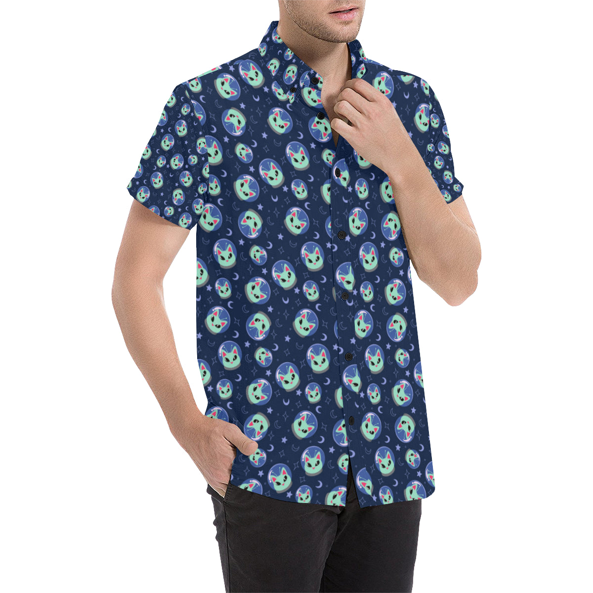 Alien Cat Men's Short Sleeve Button Up Shirt
