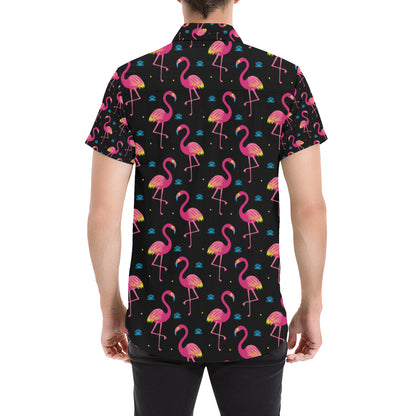 Flamingo Pink Neon Print Pattern Men's Short Sleeve Button Up Shirt