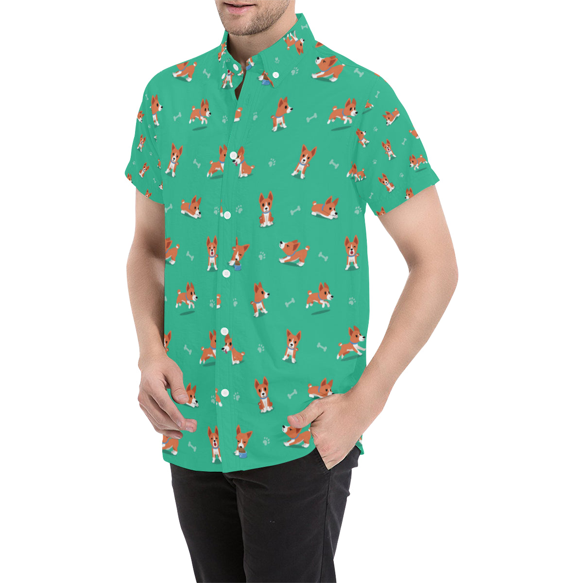 Basenji Pattern Print Design 02 Men's Short Sleeve Button Up Shirt