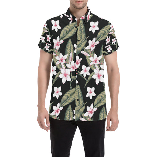 Plumeria Pattern Print Design PM021 Men's Short Sleeve Button Up Shirt
