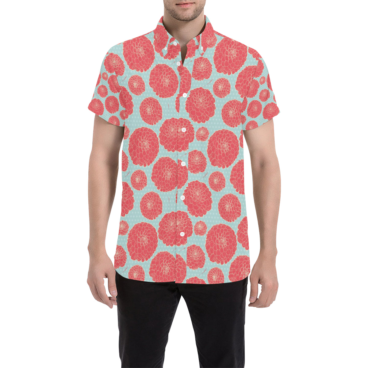 Marigold Pattern Print Design MR03 Men's Short Sleeve Button Up Shirt