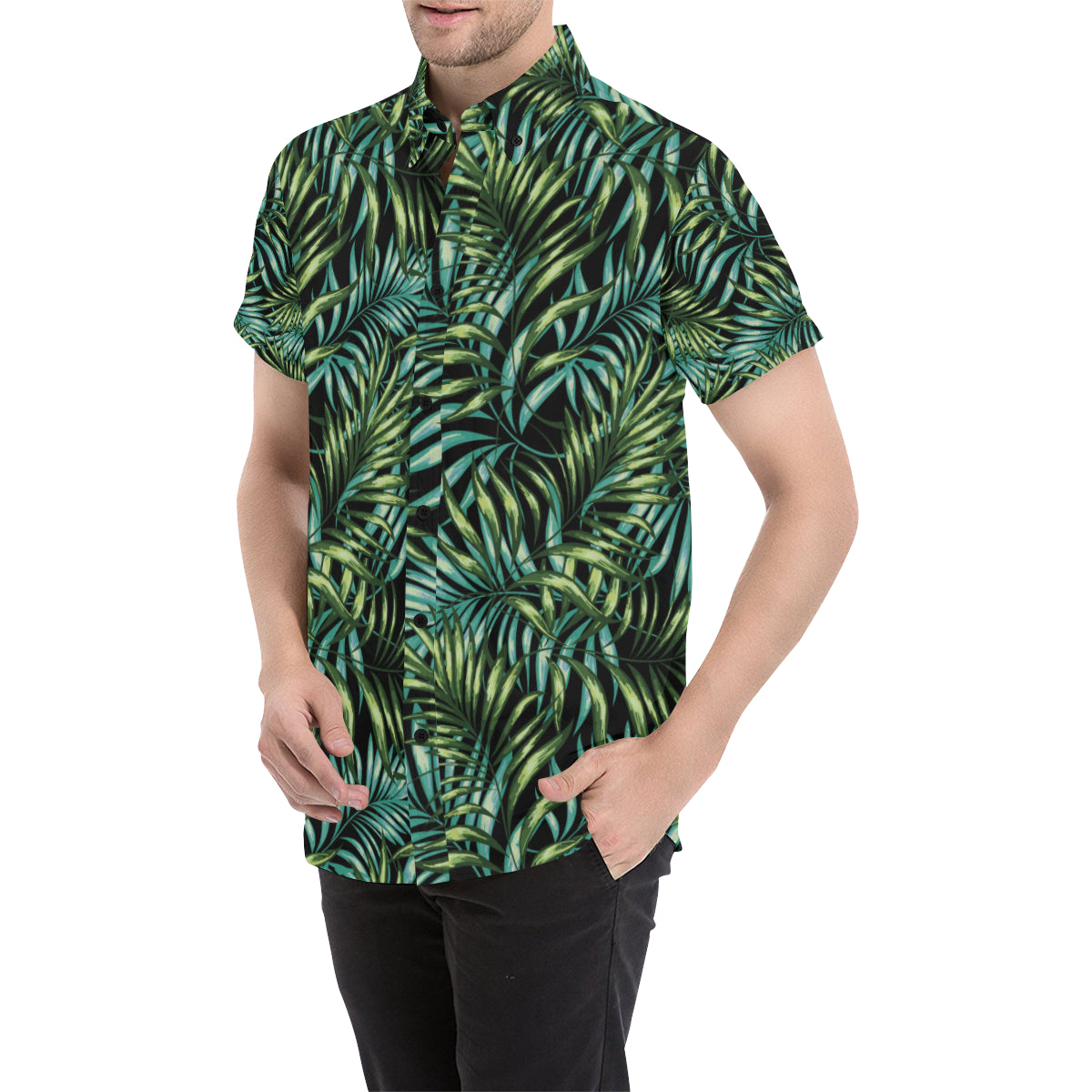 Tropical Flower Pattern Print Design TF08 Men's Short Sleeve Button Up Shirt