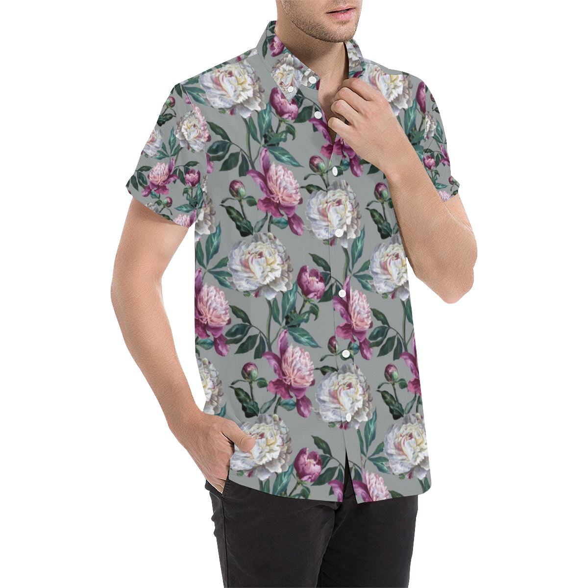 Peony Pattern Print Design PE01 Men's Short Sleeve Button Up Shirt