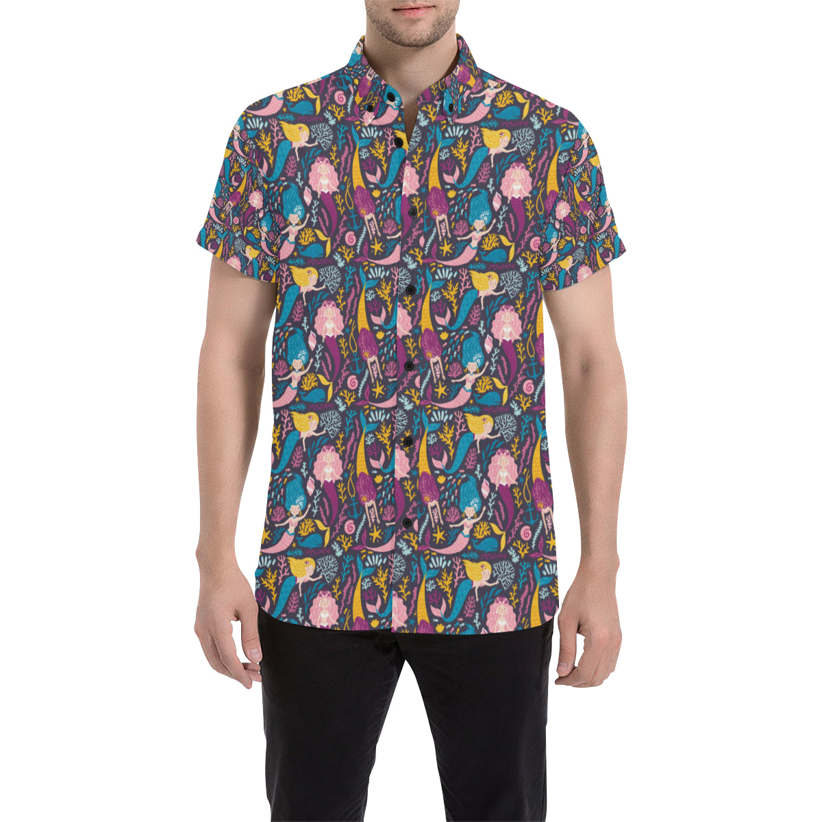 Mermaid Pattern Print Design 08 Men's Short Sleeve Button Up Shirt