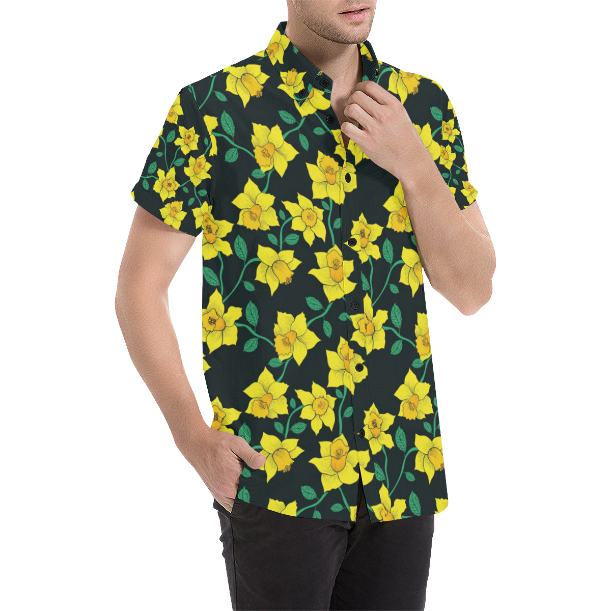 Daffodils Pattern Print Design DF03 Men's Short Sleeve Button Up Shirt