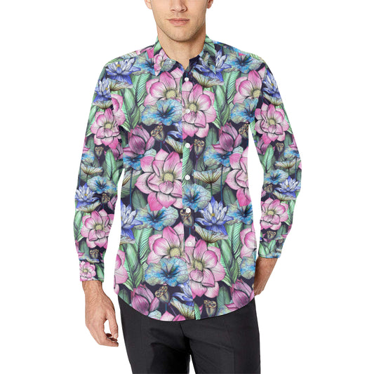 Water Lily Pattern Print Design WL07 Men's Long Sleeve Shirt