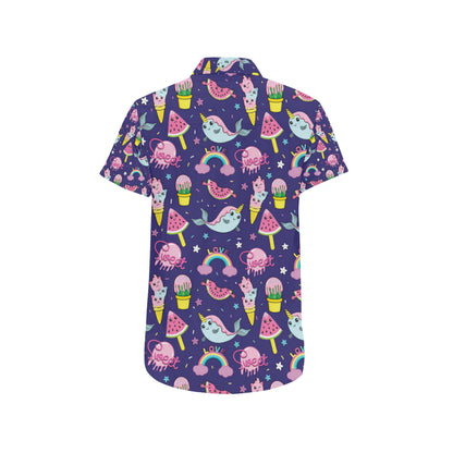 Narwhal Cute Pattern Print Design 02 Men's Short Sleeve Button Up Shirt