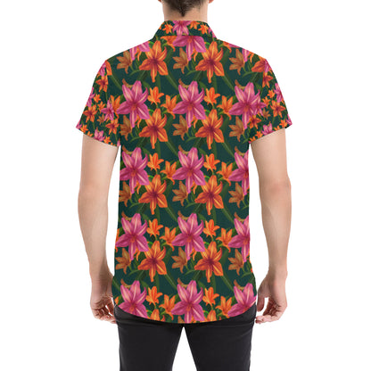 Amaryllis Pattern Print Design AL01 Men's Short Sleeve Button Up Shirt