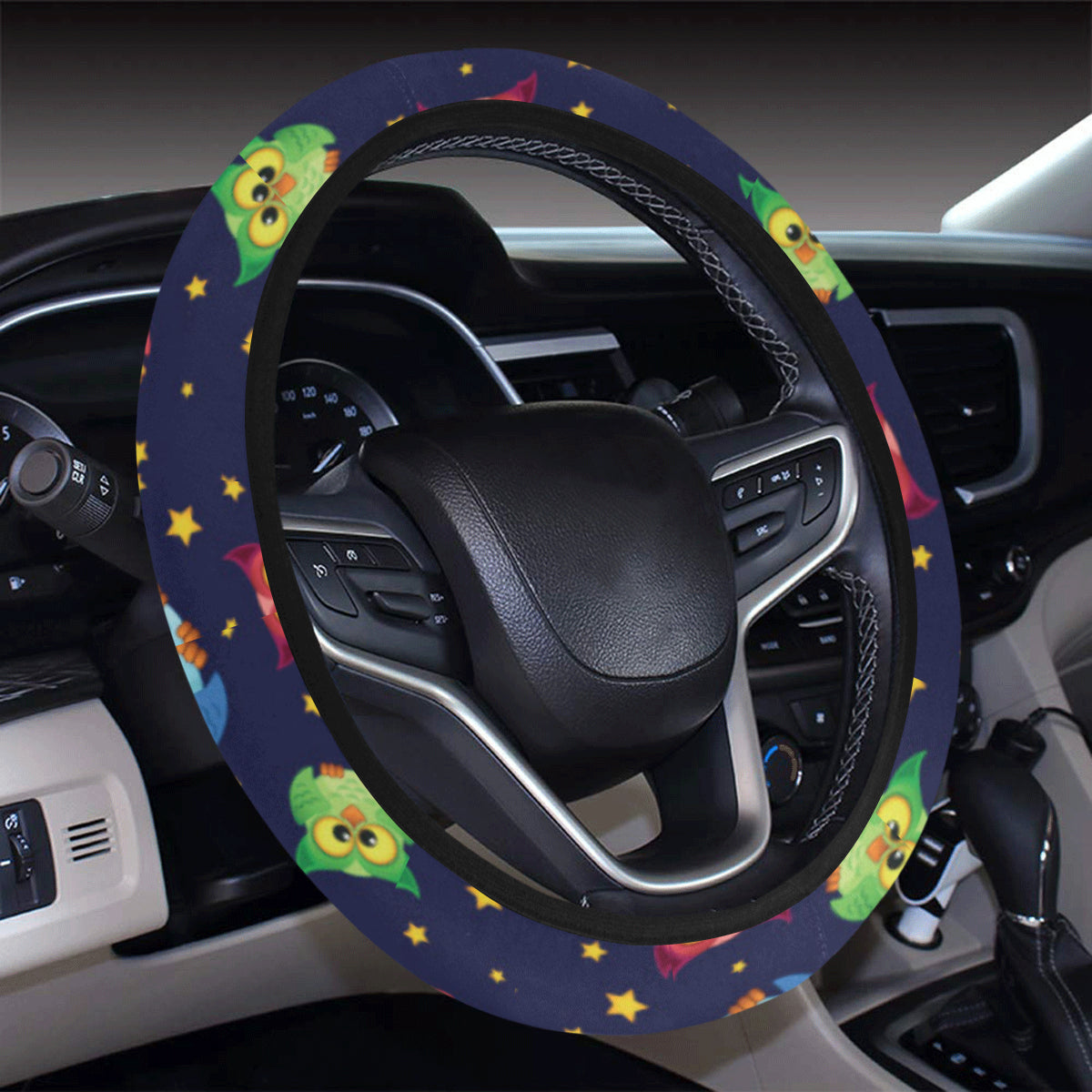 Owl with Star Themed Design Print Steering Wheel Cover with Elastic Edge