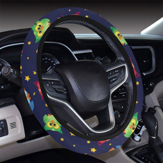 Owl with Star Themed Design Print Steering Wheel Cover with Elastic Edge