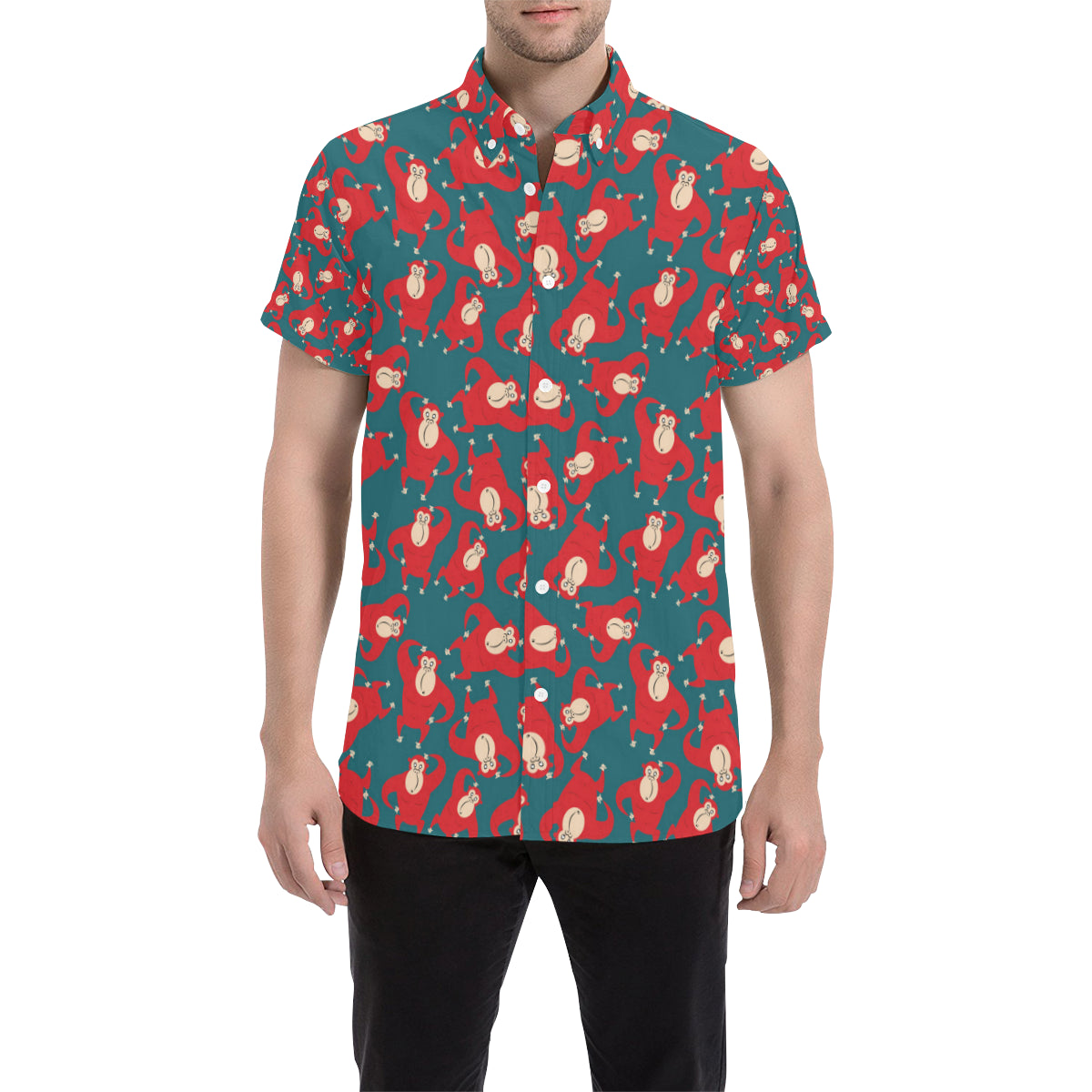 Chimpanzee Pattern Print Design 04 Men's Short Sleeve Button Up Shirt