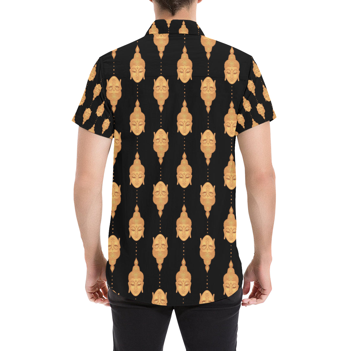 Buddha Head Gold Print Men's Short Sleeve Button Up Shirt