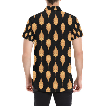Buddha Head Gold Print Men's Short Sleeve Button Up Shirt