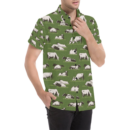 Cow on Grass Print Pattern Men's Short Sleeve Button Up Shirt