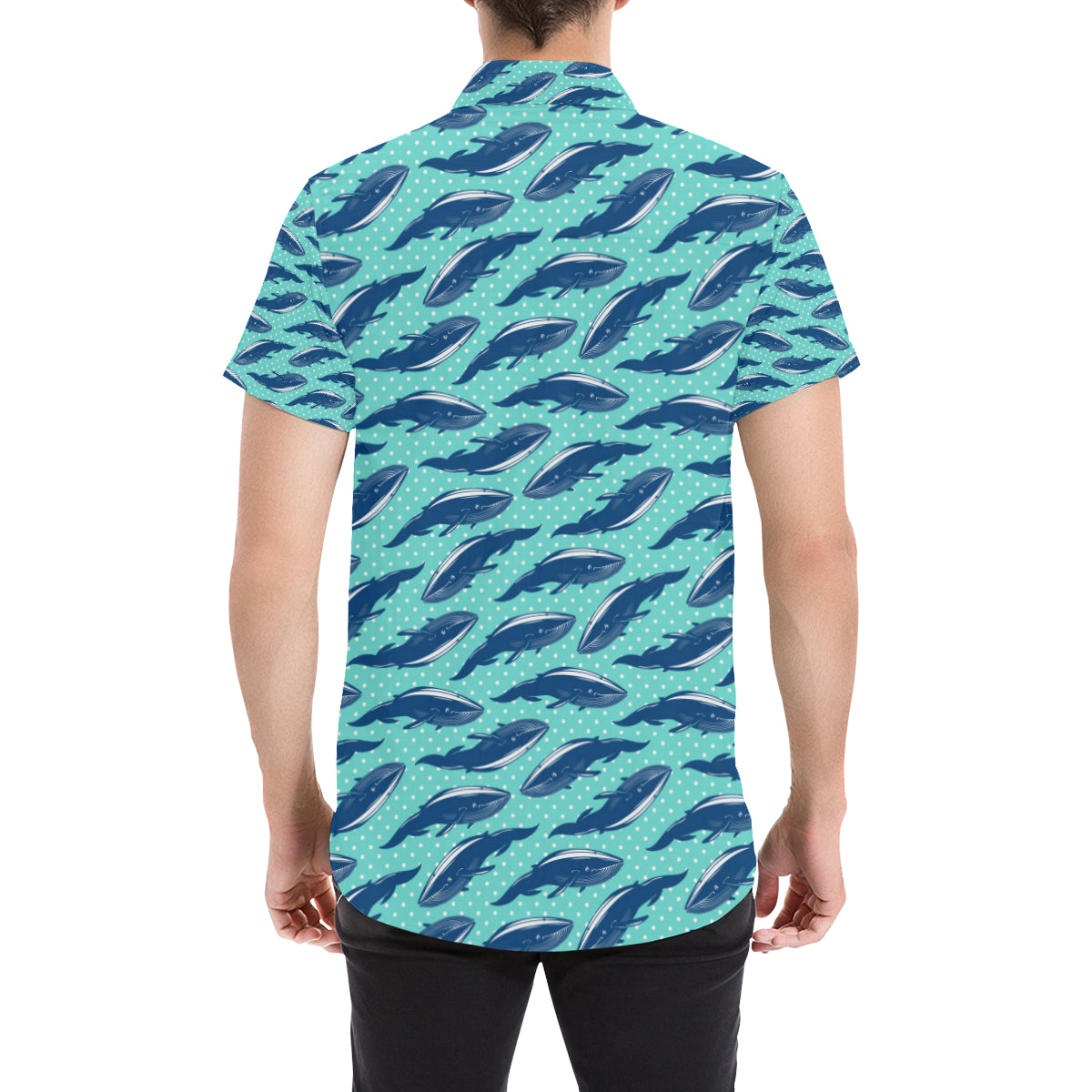 Whale Polka Dot Design Themed Print Men's Short Sleeve Button Up Shirt