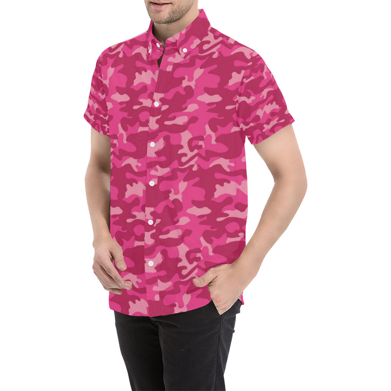 Camo Pink Pattern Print Design 01 Men's Short Sleeve Button Up Shirt