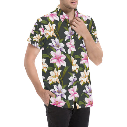 Lily Pattern Print Design LY01 Men's Short Sleeve Button Up Shirt