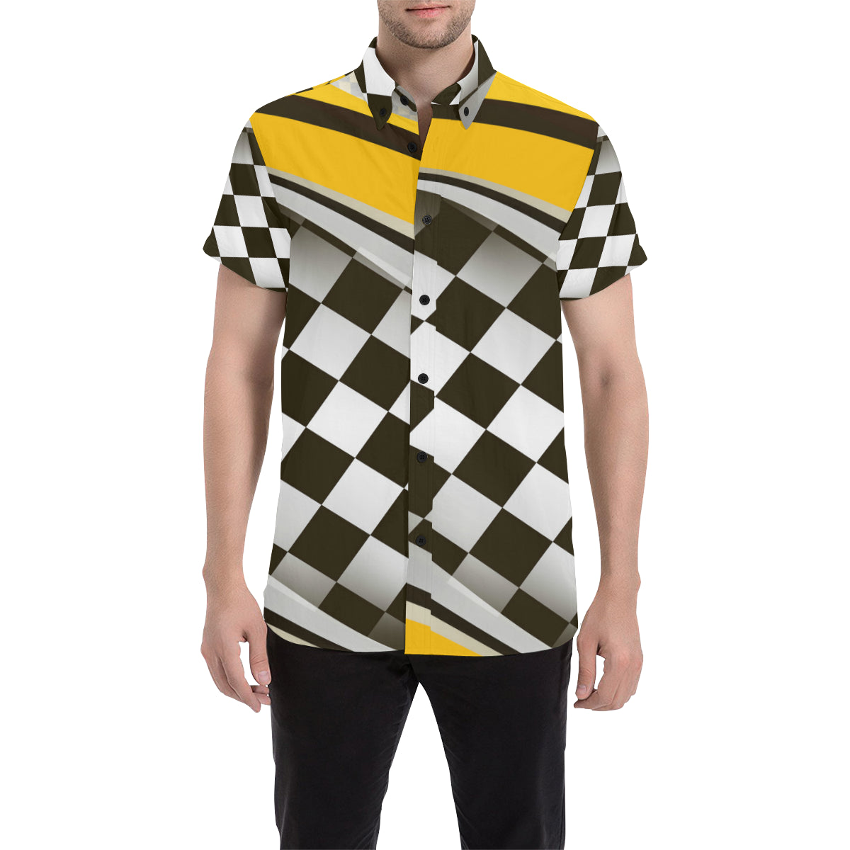 Checkered Flag Racing Style Men's Short Sleeve Button Up Shirt