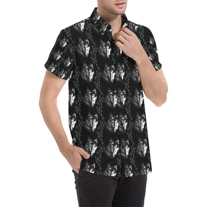 Wolf Black Dream Catcher Design Print Men's Short Sleeve Button Up Shirt