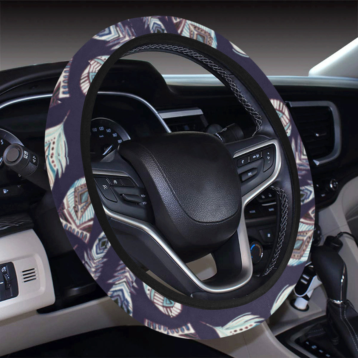 Feather Vintage Boho Design Print Steering Wheel Cover with Elastic Edge