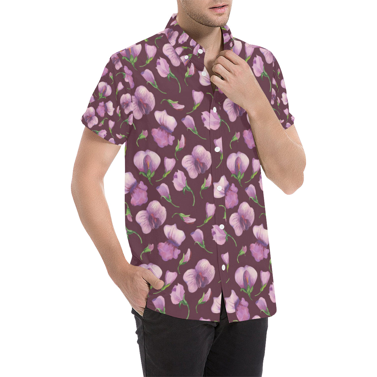 Peony Pattern Print Design PE010 Men's Short Sleeve Button Up Shirt